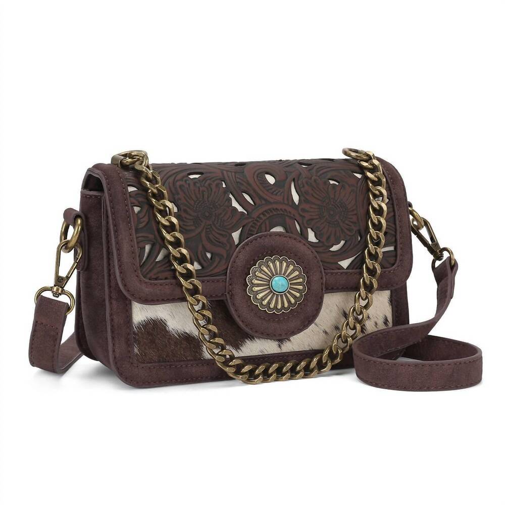 NEW TRINITY RANCH cowhide floral cutout crossbody bag in coffee